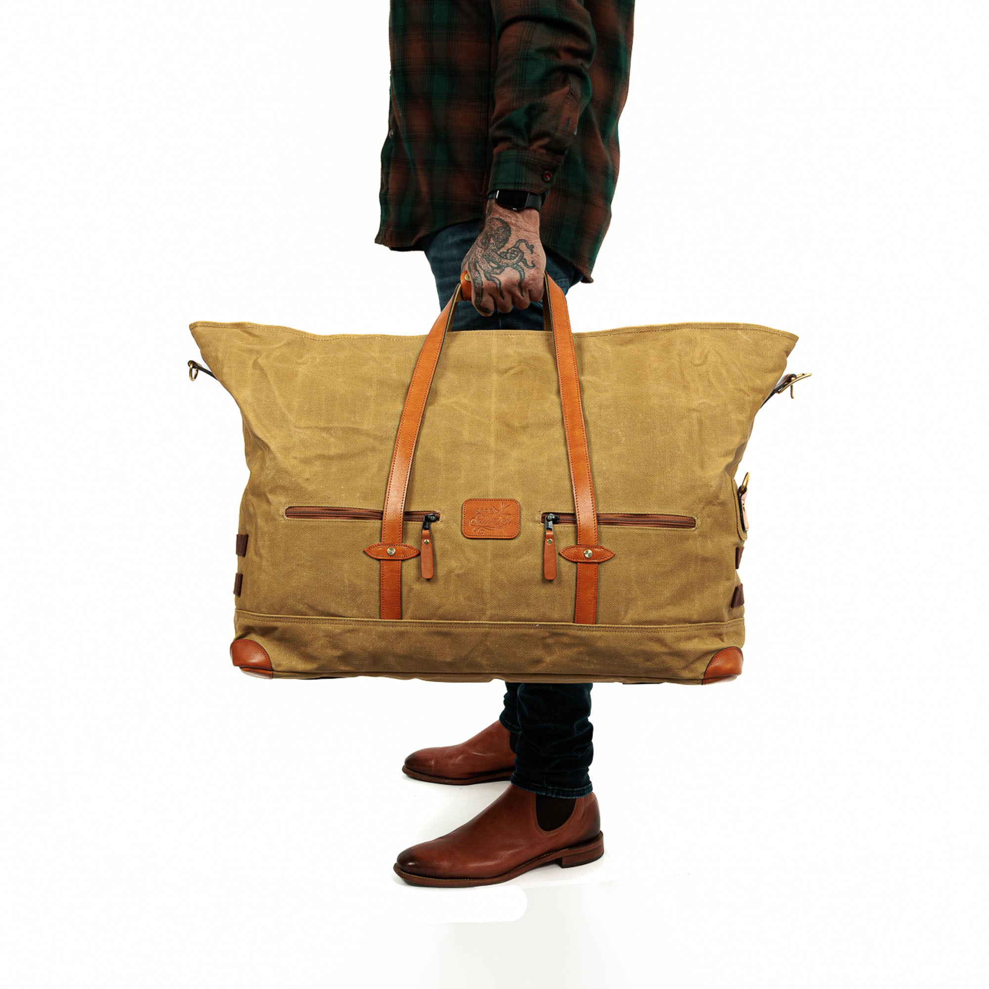 Large bag, travel bag, handmade canvas leather bag, duffel bag, backpack - Waxed canvas and leather - 2024 Handmade - Orange